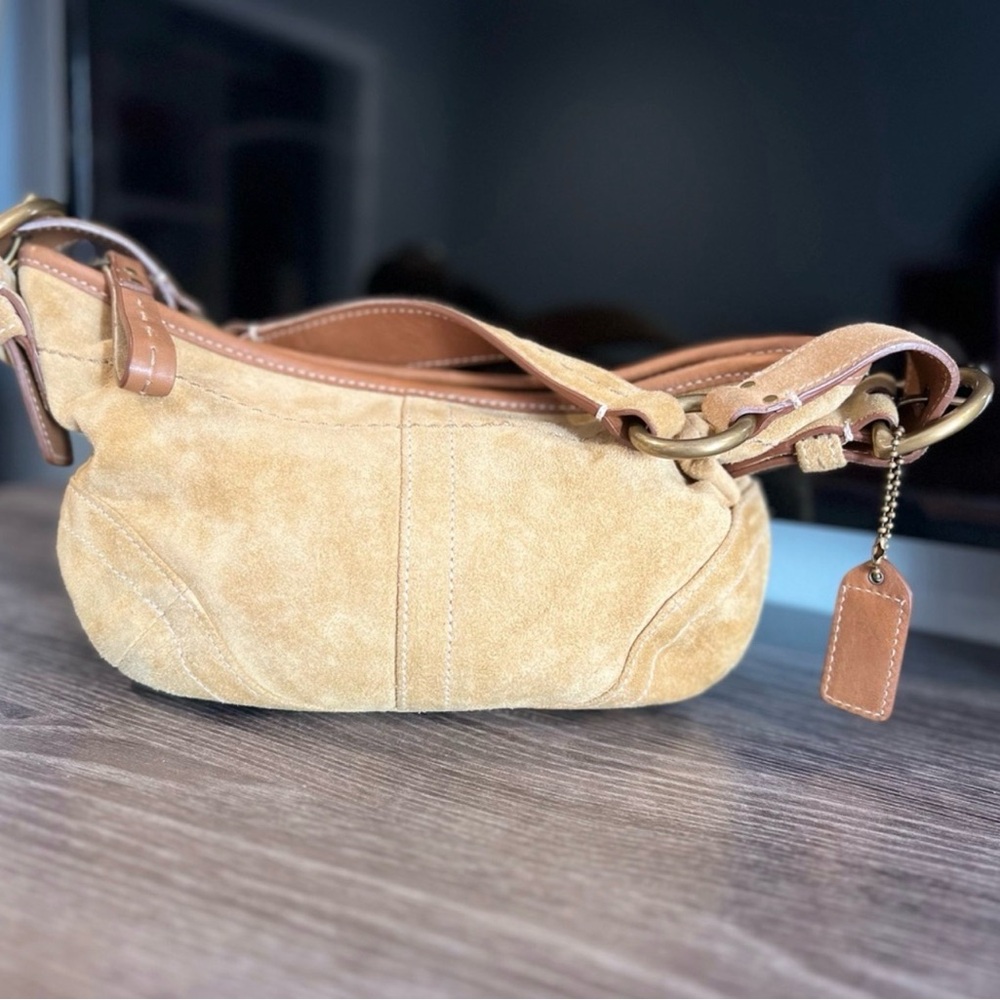 Coach Suede Shoulder Bag | Tan Leather Trim |
Vintage Style | Small Hobo